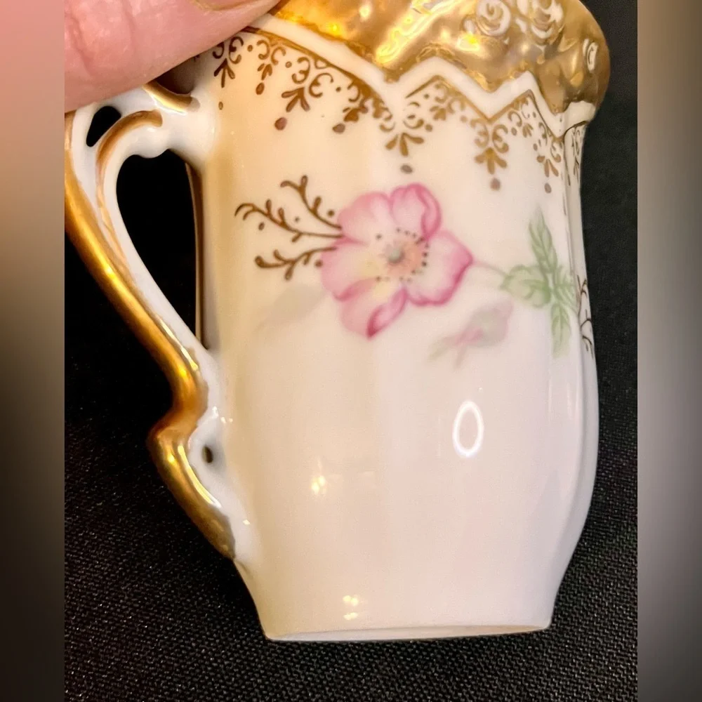 Vintage Victorian Ardco Chocolate Cup Saucer Set Hand Painted Floral Gold Trim